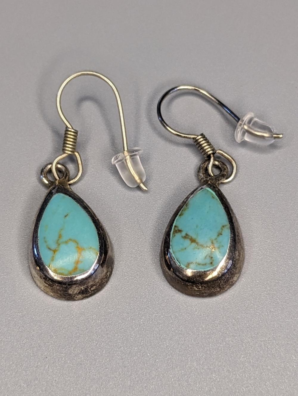 Taxco Mexico 925 Sterling Silver Turquoise Teardrop Dangle Earrings Vintage
